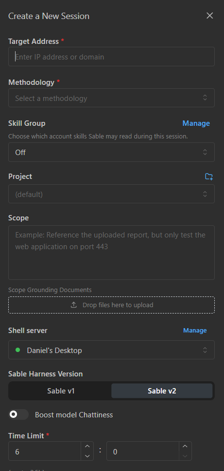 Current Create a New Session modal